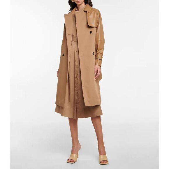 Max Mara Lichene Cotton Leather Tan Belted Trench Coat Classic